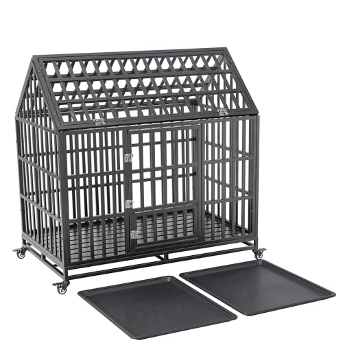 Heavy Duty Dog Crate, Indestructible Metal Dog Kennel with Pointed Roof Lockable Wheels for Medium Large Dogs, with Sturdy Door Lock and Removable Trays, Roof Top Access,48 inch