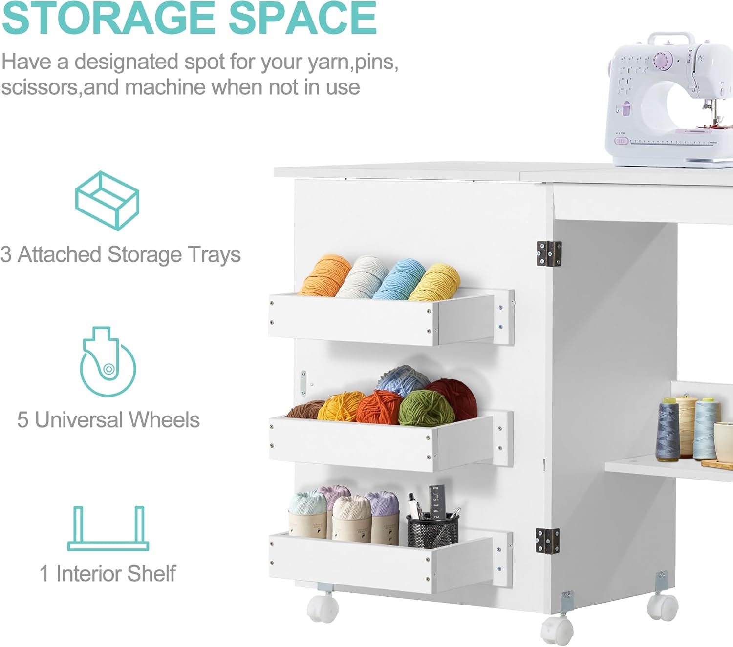 Folding Sewing Table Multipurpose Craft Station Desk Rolling Sewing Cabinet with 3 Storage Shelves Sewing Machine Cart with Lockable Casters (White)