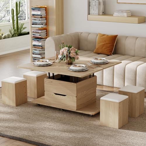 homary Black Lift-Top Coffee Table with Hidden Storage, 3-in-1 Modern Folding Center Table with 4 Stools, Casters, and Lockable Wheels – Convertible Dining & Office Table for Living Room