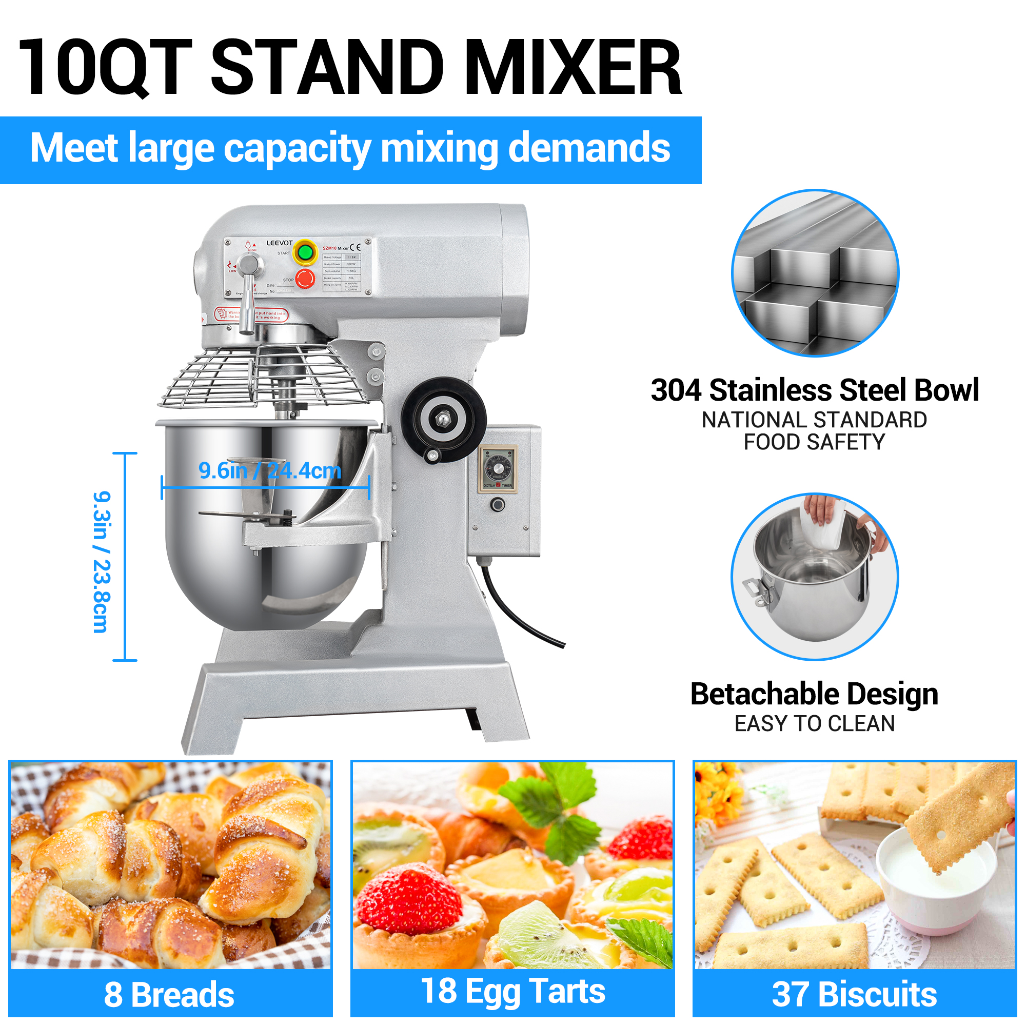 LEEVOT Commercial Stand Mixer 3-Speed Dough Mixer Commercial Food Mixer 10qt 500W