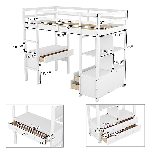Twin Loft Bed, Saving Space Beds Frame with Desk, Storage Shelves, Drawers, Ladder, Guardrail, Solid Wood Loft Bed, Bedroom Furniture for Living Room Kids Teens Bedroom