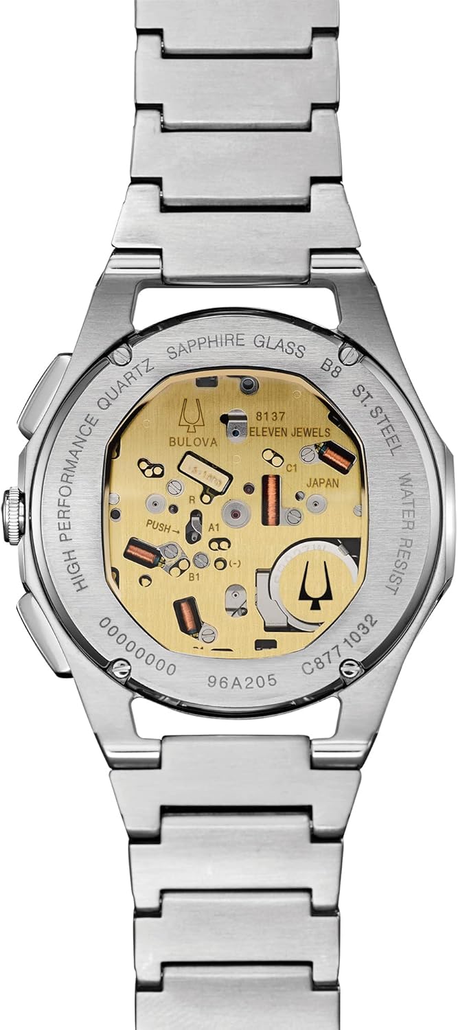 Bulova Men's CURV High Performance Quartz Stainless Steel Watch, 5-Hand Chronograph, Sapphire Crystal, Luminous Hands, Stainless Steel/ Blue Dial