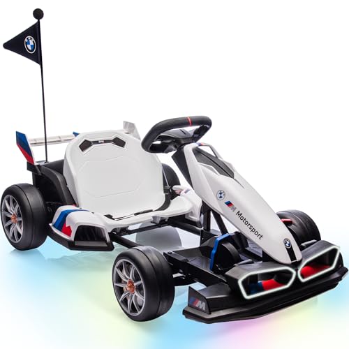 Licensed BMW Electric Go Kart for Kids Ages 6-12, 24V 9AH Drift Kart with Two 200W Motors, LED Lights, Drift Mode& 2 Speed Modes, Adjustable Seat (White)