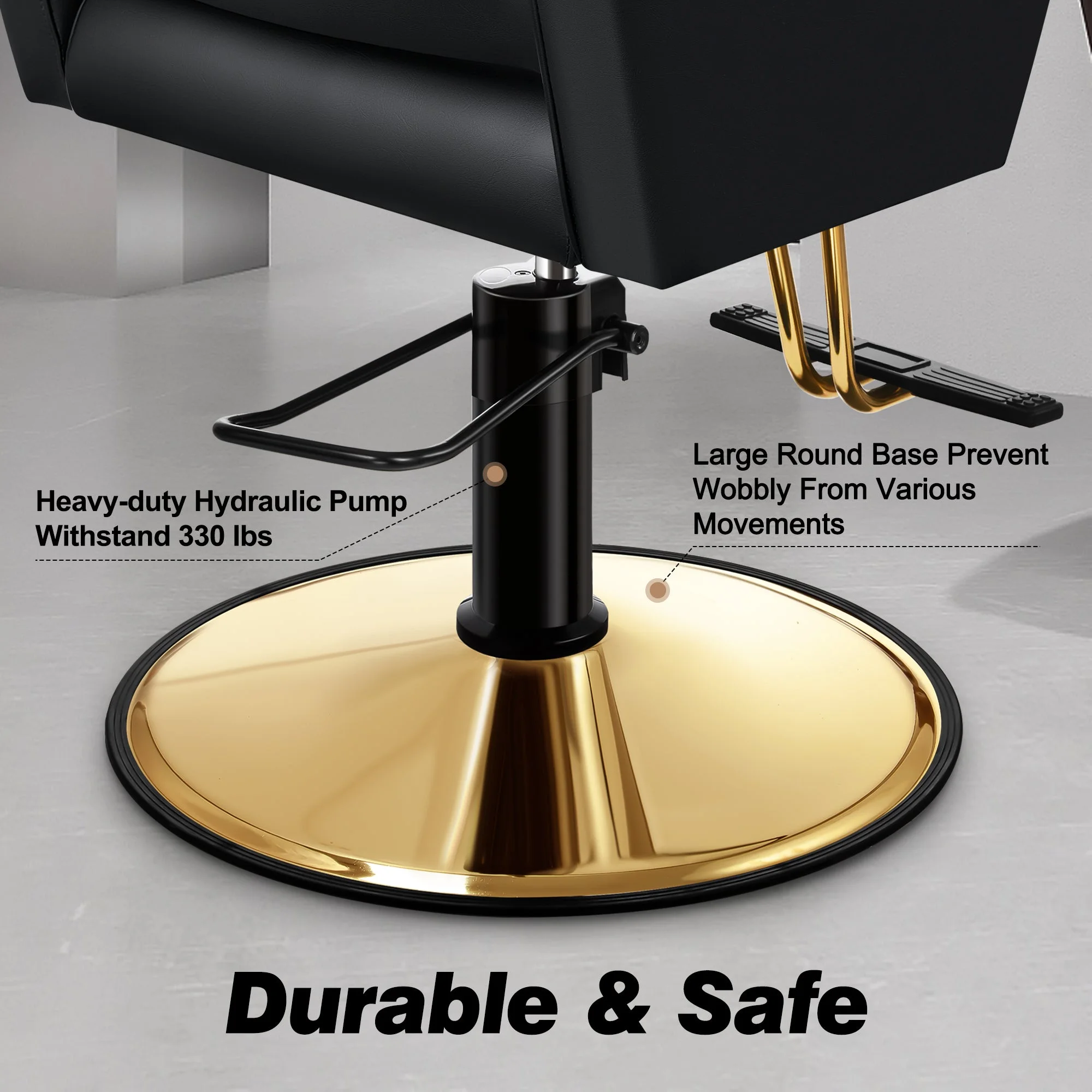 Baasha Luxury Gold Salon Chair - Sleek and Modern Hair Chair with Black Stain-Resistant Leather Upholstery, Adjustable Height, and Heavy-Duty Base - Comfortable Hair Salon Chair for Hair Stylist