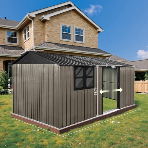 10' x 8' Large Outdoor Storage Shed, Sturdy Metal Building w/Windows & Lockable Doors for Garden, Backyard, Poolside and Lawn, Grey