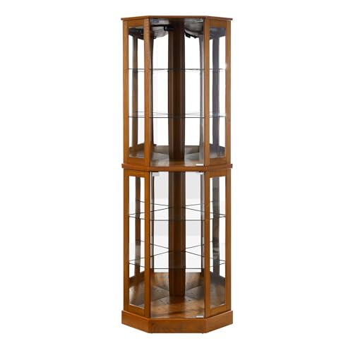 SSLine Lighted Corner Display Curio Cabinet Traditional 6-Shelf Wooden Display Cabinet with Adjustable Shelves 72" Tall Glass Shelving Unit for Curio Collectibles Storage(Walnut)