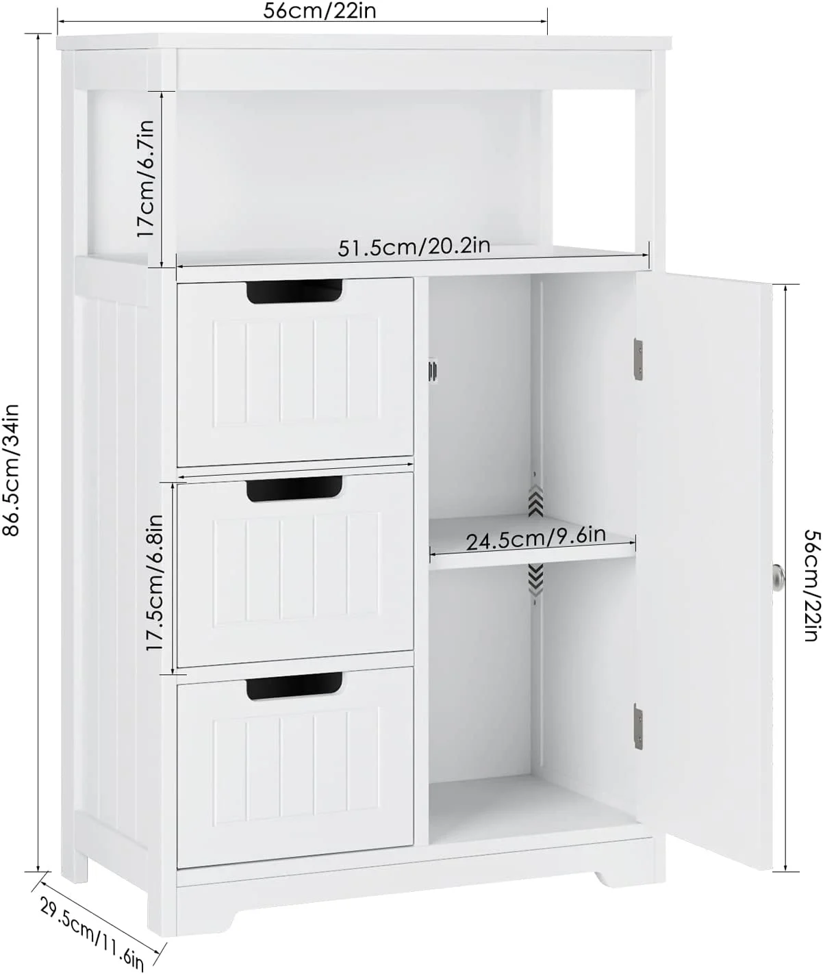 Bathroom Floor Cabinet, Free Standing Storage Cabinet with 3 Drawers and 1 Door & Adjustable Shelf, Modern Entryway Cupboard for Home Office, White