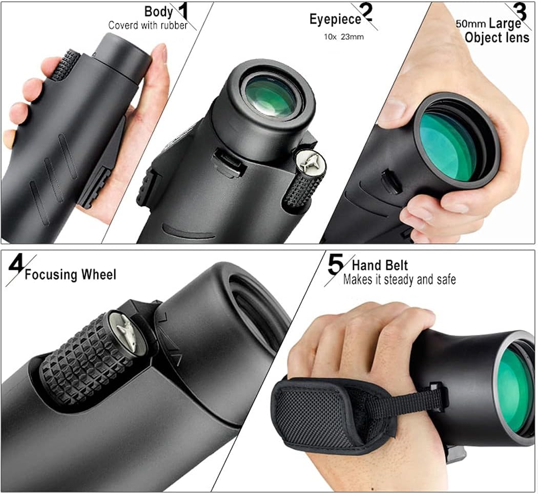 Asika10x50 Monocular Nitrogen Blanketing Water Proof FOV 306ft@1000yds with BAK4 Optical Roof Prism & FMC Multi-Layer Optical Coating Monocular for Bird Watching, Hunting, Sport & Outdoor Activities