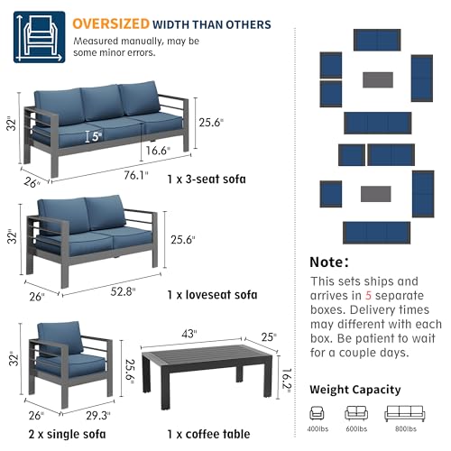 UDPATIO 8 Piece Aluminum Patio Furniture Set, Oversized Modern Outdoor Furniture Set with Olefin Fabric Cushion for Patio Deck Backyard, Dark Grey(with Waterproof Covers)