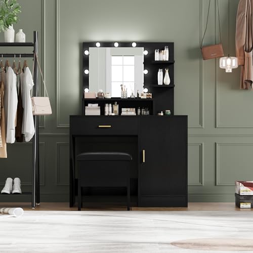 GAOMON Vanity Desk with Mirror and Lights, Makeup Vanity with Drawer, 3 Level Cabinets & 3 Tiers of Open Shelves, Bedroom Dressing Table, White