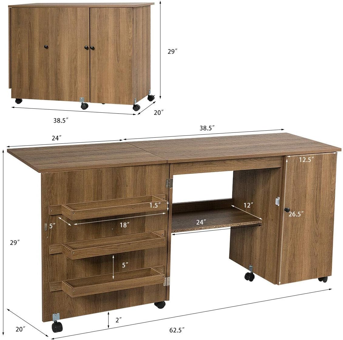 Multifunction Design Folding Sewing Craft Table Shelves Storage Cabinet Computer Desk Home Furniture with Wheels, Space-Saving,3 Storage Bins Natural