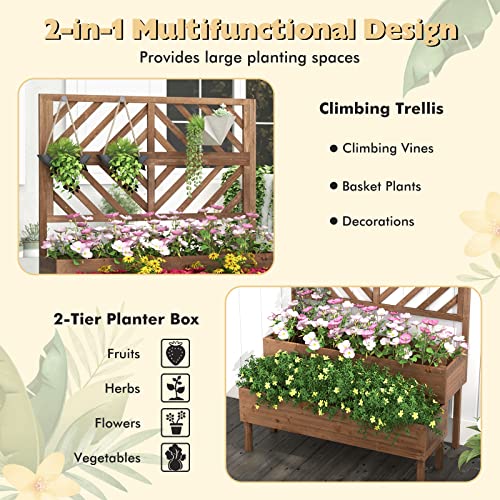 Giantex Raised Garden Bed with Trellis, 2-Tier Wooden Planter Box with Legs and Drain Holes, Garden Trellis for Vine Fruit Vegetable Flower Herb, Outdoor Elevated Garden Bed (Brown)