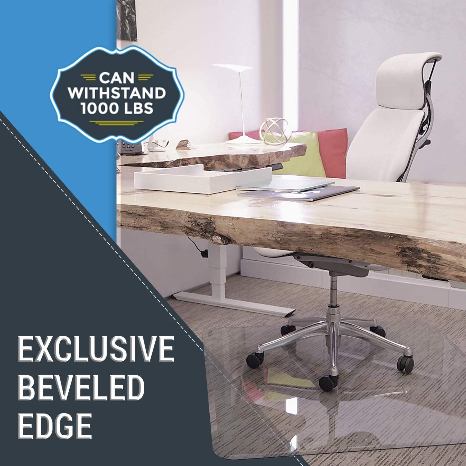 36�?x 46�?Glass Chair Mat with Exclusive Beveled Edge by Clearly Innovative, 1/4�?Thick Clear Tempered Glass with Easy Roll Edges | Protect Your Home or Office Floor | Perfect for Hardwood or Carpet
