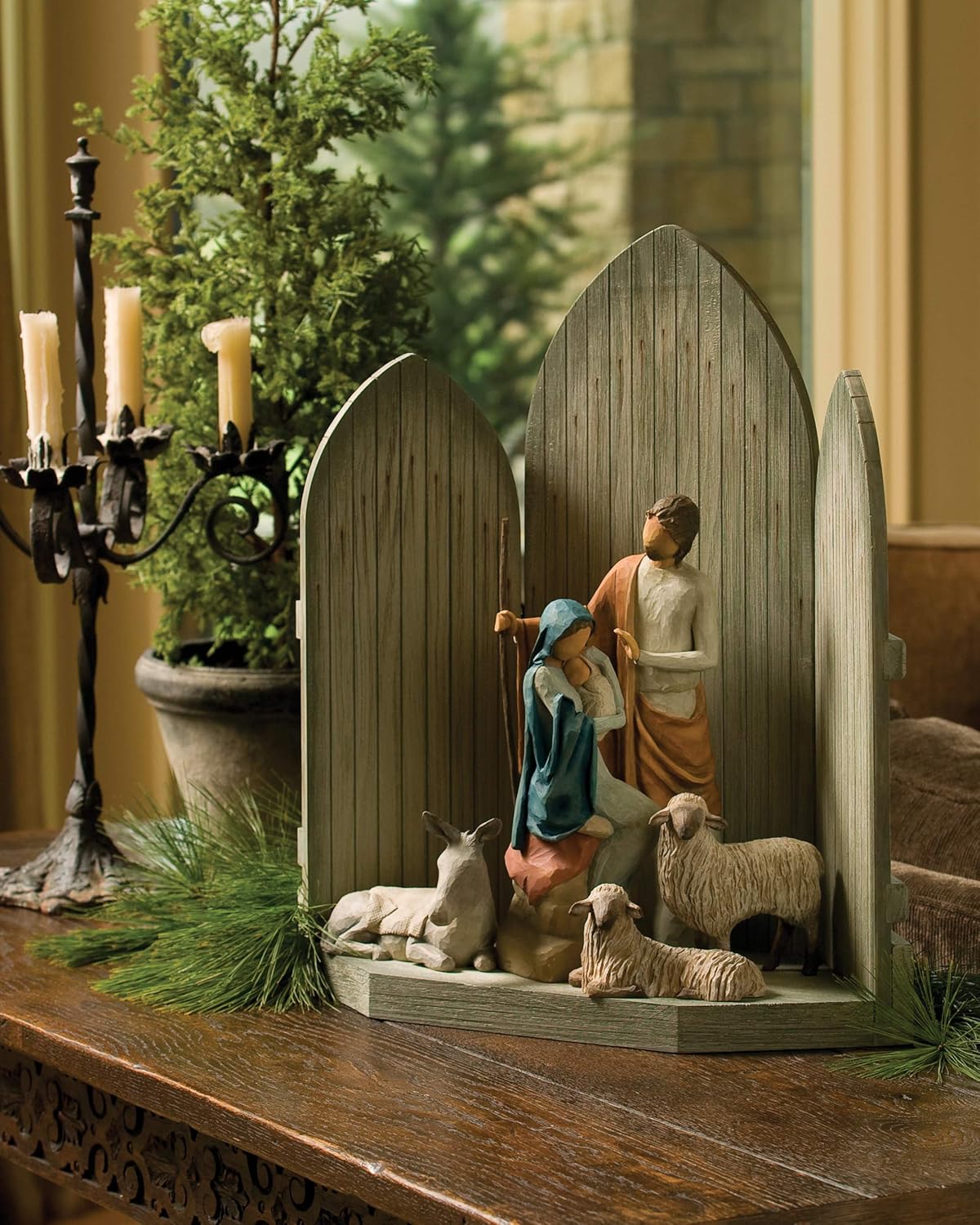 Willow Tree Sanctuary for The Christmas Story, hand-painted nativity backdrop