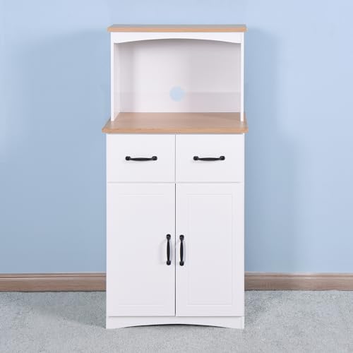 Tall Kitchen Pantry, Wooden Kitchen Cabinet White Pantry Room Storage Microwave Cabinet with Framed Glass Doors and Drawer, Buffet Cabinet Coffee Bar Cabinet for Dining Room Living Room