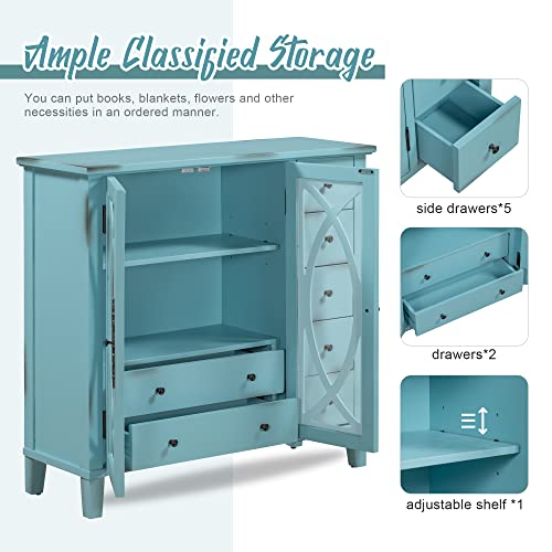 Vintage Style Sideboard Accent Storage Sideboard Wooden Sideboard with Adjustable Shelf,5 Small Drawers and 2 Large Drawers,for Entryway,Living Room,Bedroom (Antique Light Green#N)