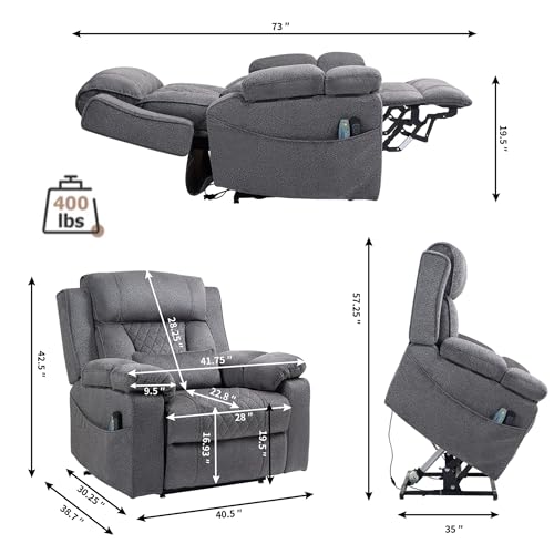 Light Grey Recliner Chair for Elderly | Tall and Big Man 400lbs | Chenille | Power Lift, Lay Flat, Stand Up, Wireless Charging Device, Extended Footrest, Massage Heat, Cup Holder, Lumbar Pillow