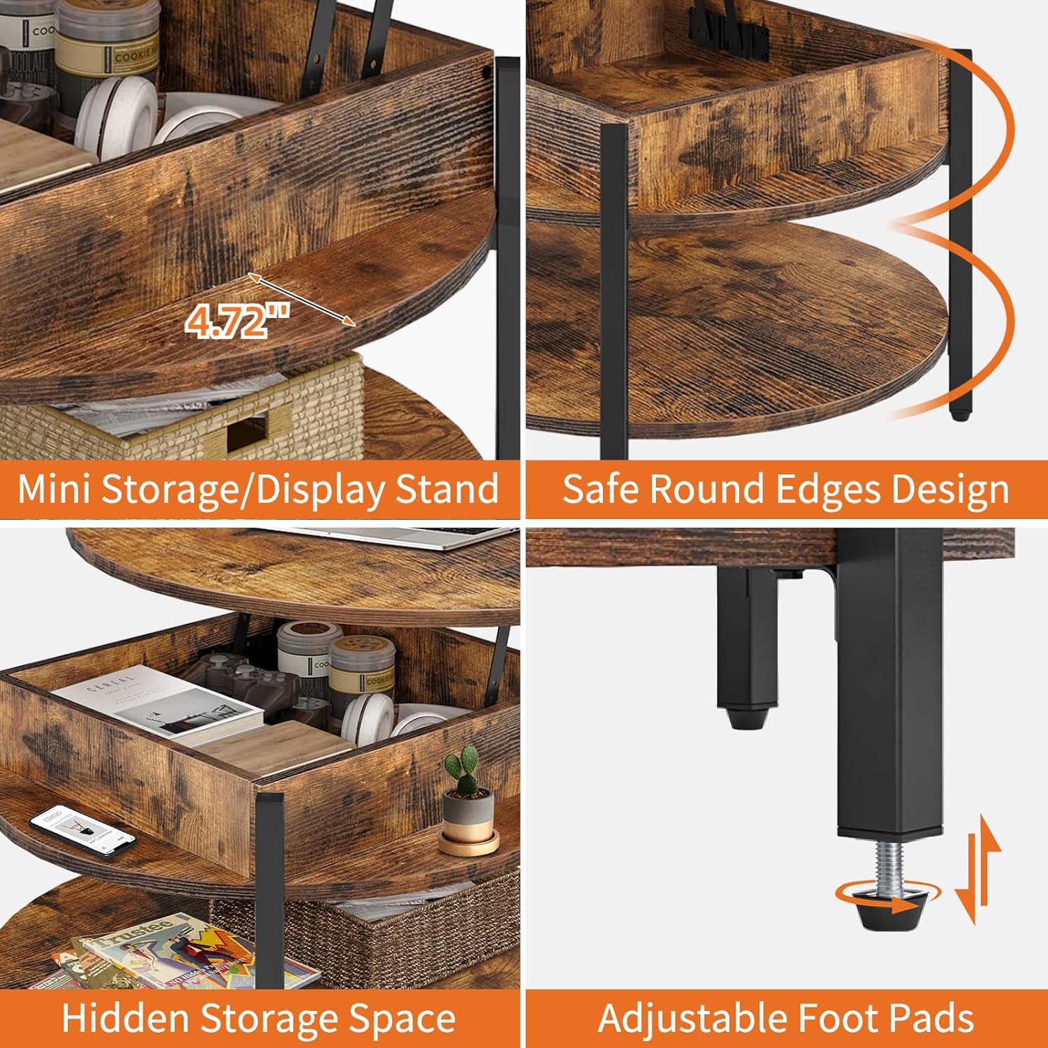 CLATINA Round Lift Top Coffee Table, Farmhouse Wooden Round Coffee Table with Storage and Hidden Compartment for Living Room Home Office Round Center Tables, 35.43 in(Rustic Brown)