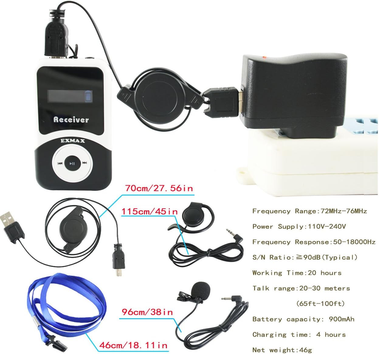 EXMAX EX-100 Wireless Tour Guide System Microphone Earphone Headset for Church Translation Simultaneous Interpreting Teaching Silent Live Conference Travel Interpretation(1 Transmitter 10 Receivers)