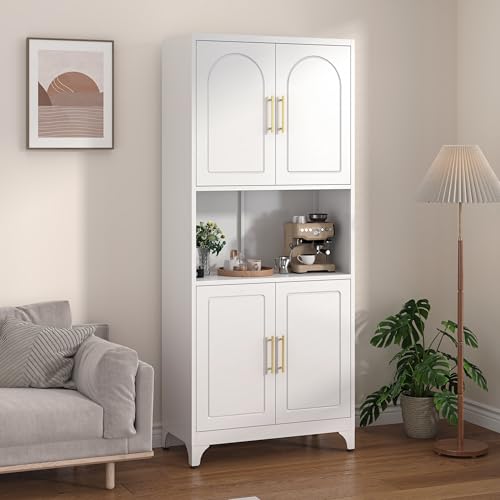 Kitchen Pantry Cabinet with Acrylic Glass Doors, 75" Metal Kitchen Hutch with Countertop, Adjustable Shelves, Freestanding Food Pantry Cabinet for Living, Dining Room, Black, Assembly Required