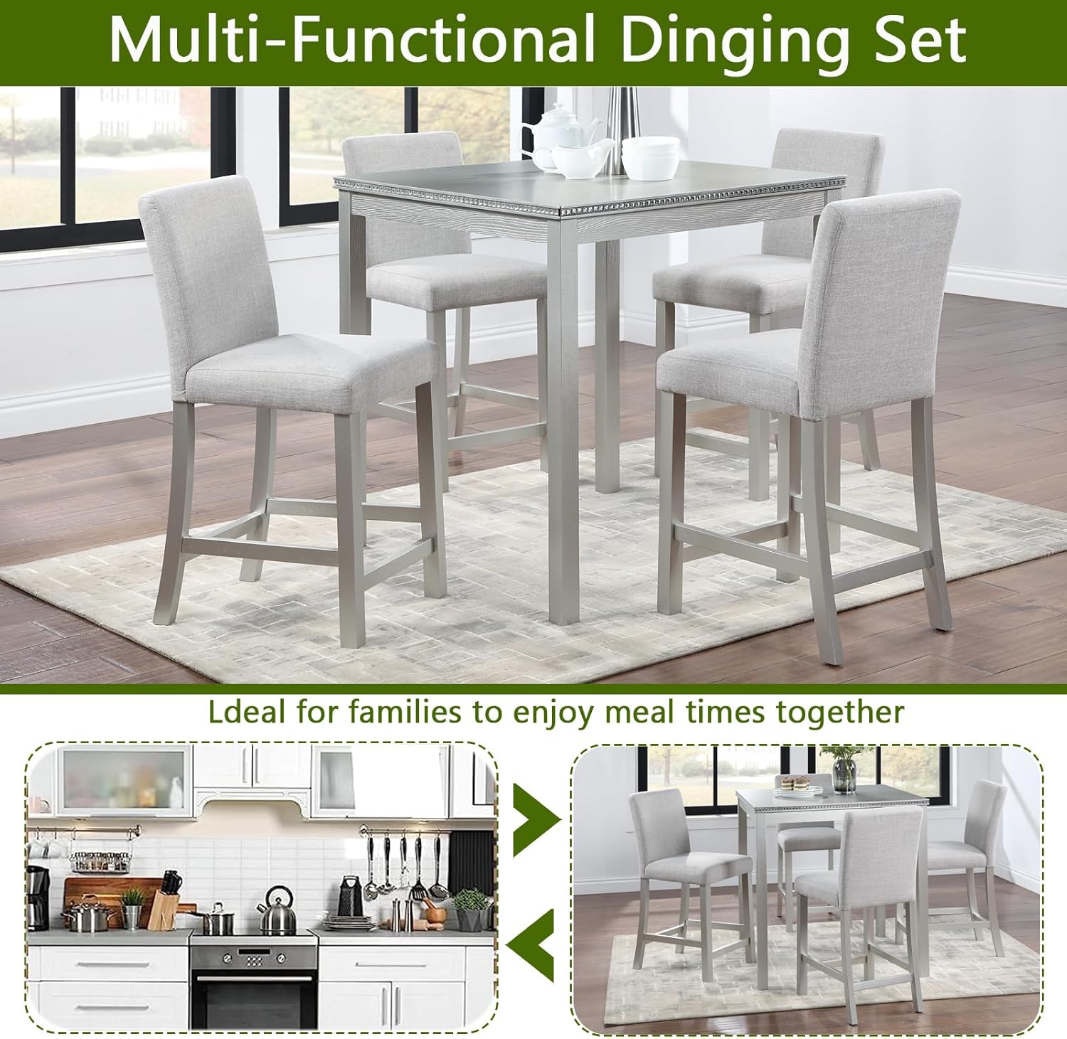 5-Piece Acacia Wood Counter Height Dining Table Set, 34.50'' Square Dining Table and 4 Upholstered-Seat Chairs, 4 Person Kitchen Dining Room Furniture Dinette Table Set, Space Saving (Grey-A2)