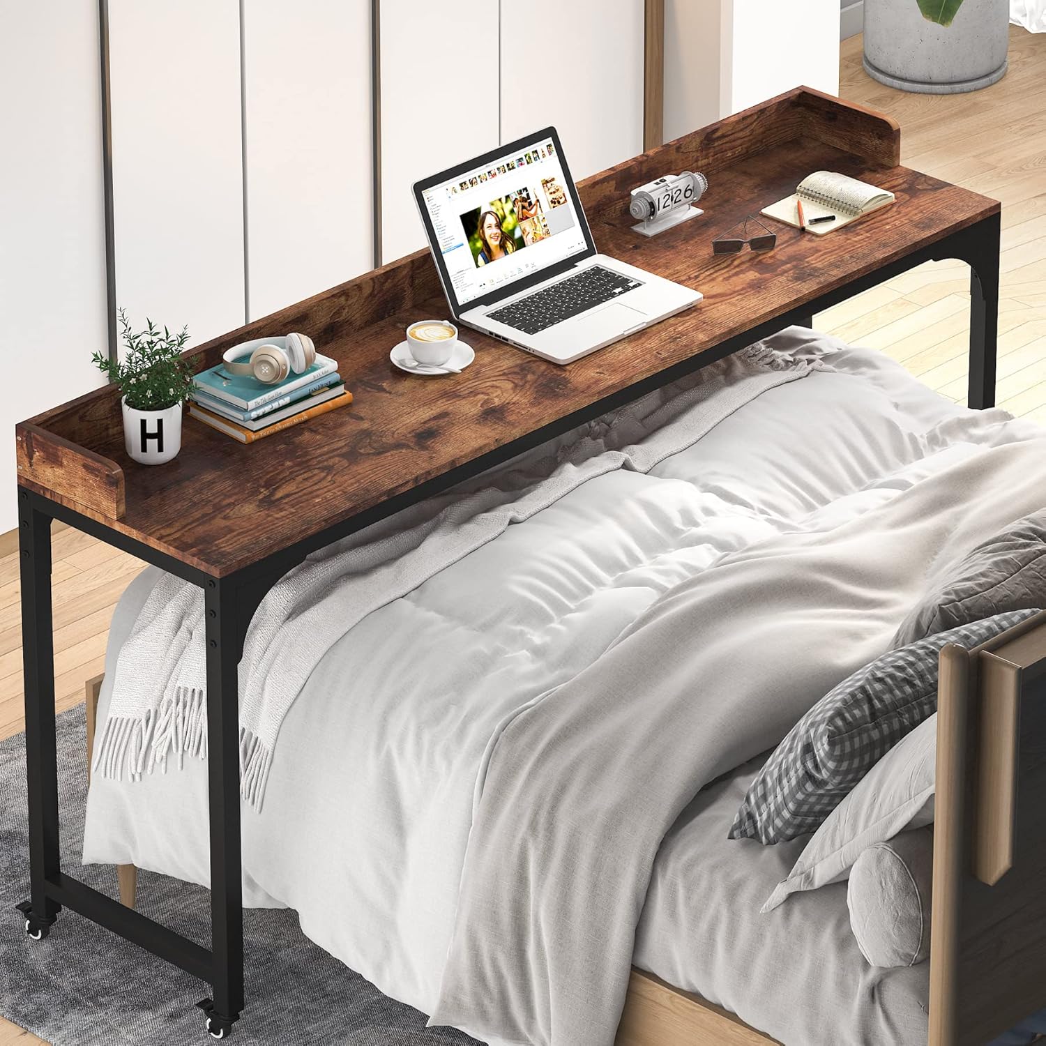 Tribesigns Overbed Table with Wheels, Queen Size Mobile Computer Desk Standing Workstation Laptop Cart, Over Bed Table with Heavy Duty Metal Leg