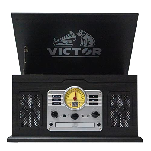VICTOR State 7-in-1 Turntable Music Center with 3-Speed Record Player, CD/MP3/Cassette Player, FM Radio, Dual Bluetooth in & Out, and Built-in Stereo Speakers, Graphite