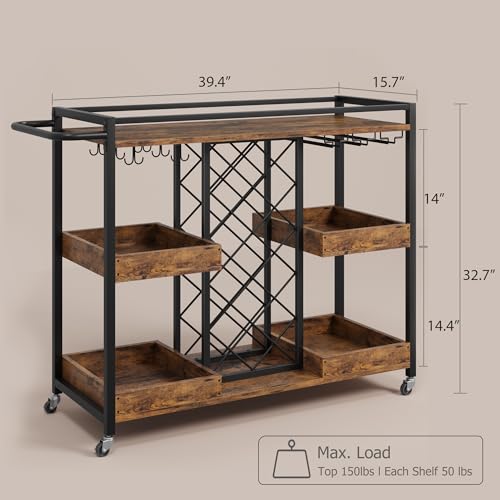 Bar Cart, 39.4 Inches Width 3 Tier Bar Carts for The Home, Home Bar & Serving Carts, Rolling Bar Cart with Wheels, Drink Cart with Wine Rack & Wine Glass Holder Up to 48 for Kitchen-Brown