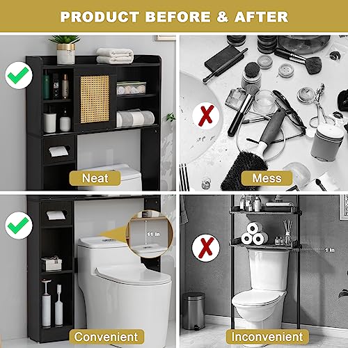 6Tier Over The Toilet Storage Cabinet, Freestanding above Toilet Space Saver Rack w/Adjustable Shelves, Sliding Door, Multifunctional Over Toilet Organizer for Bathroom (White)