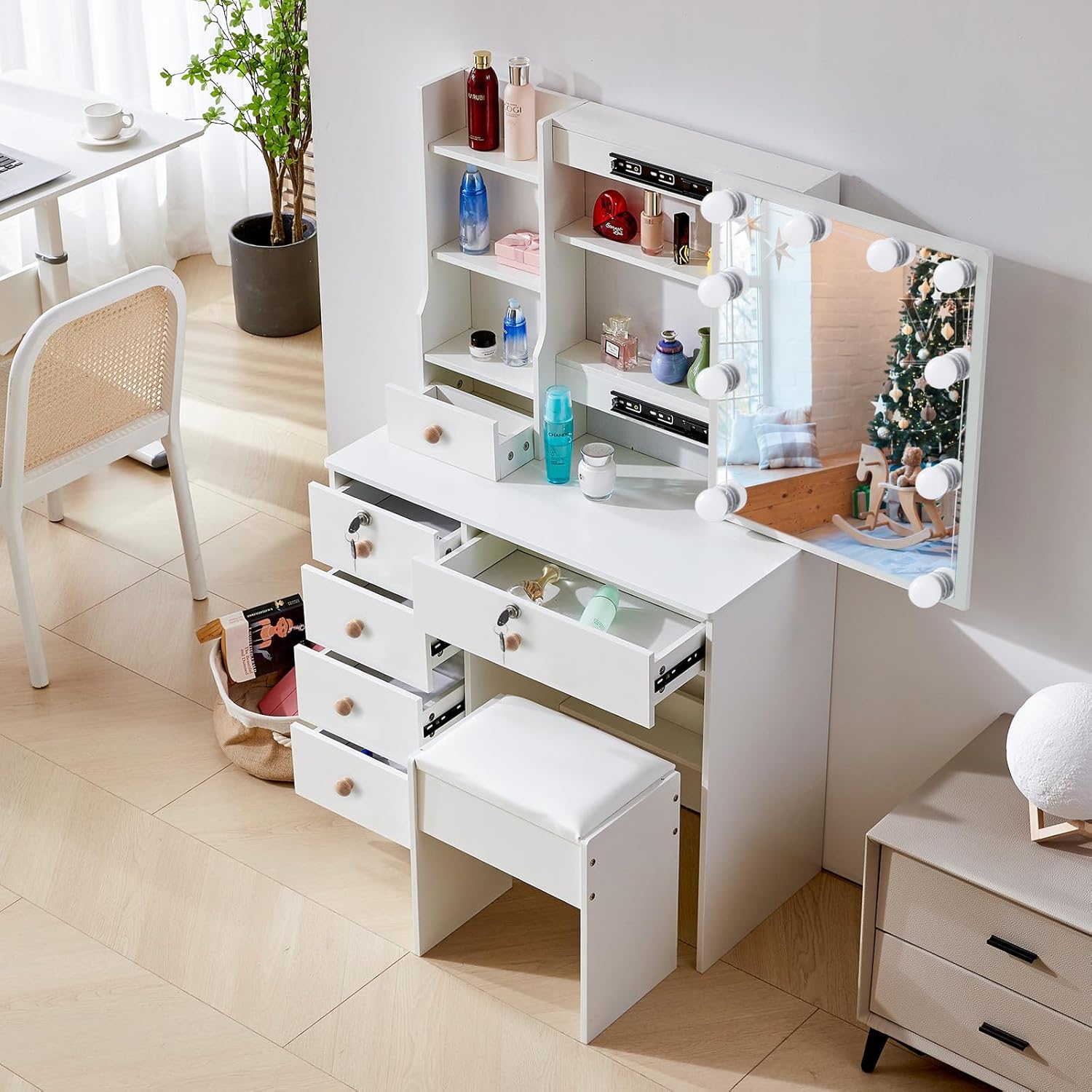 Vanity Desk with Lights,Makeup Vanity with Drawers, Vanity Set 3 Lighting Modes Brightness Adjustable, Dressing Table with Cushioned Stool for Bedroom (Modern LU05), 80*40*130CM, White