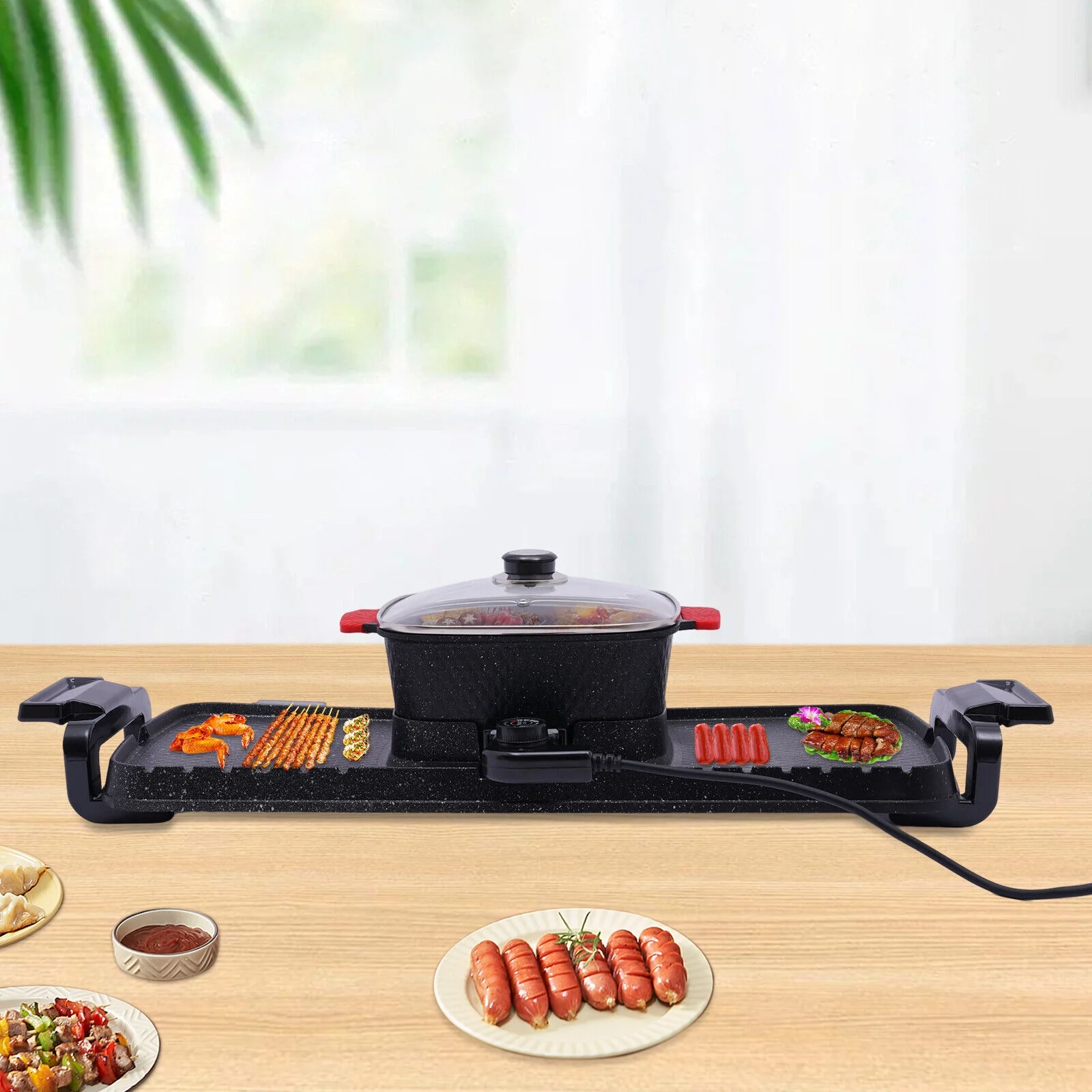Miumaeov 2 In 1 Grill and Hot Pot Combo Countertop Hot Pot with Grill Cooker with Dual Temperature Control 5 Gear Temperature Adjustable Multi-Functional Korean BBQ Teppanyaki Grill and Hot Pot