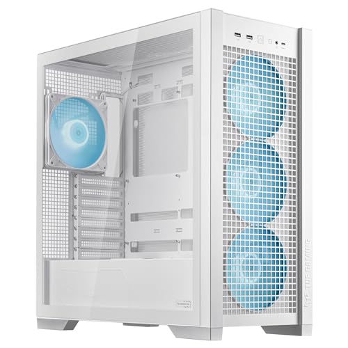 ASUS TUF Gaming GT302 ARGB ATX Mid-Tower PC Case – Four 140 x 28 mm ARGB Fans for High Airflow, Interchangeable Tempered Glass or Mesh Side Panels, Supports BTF Hidden-Connector Motherboards | White