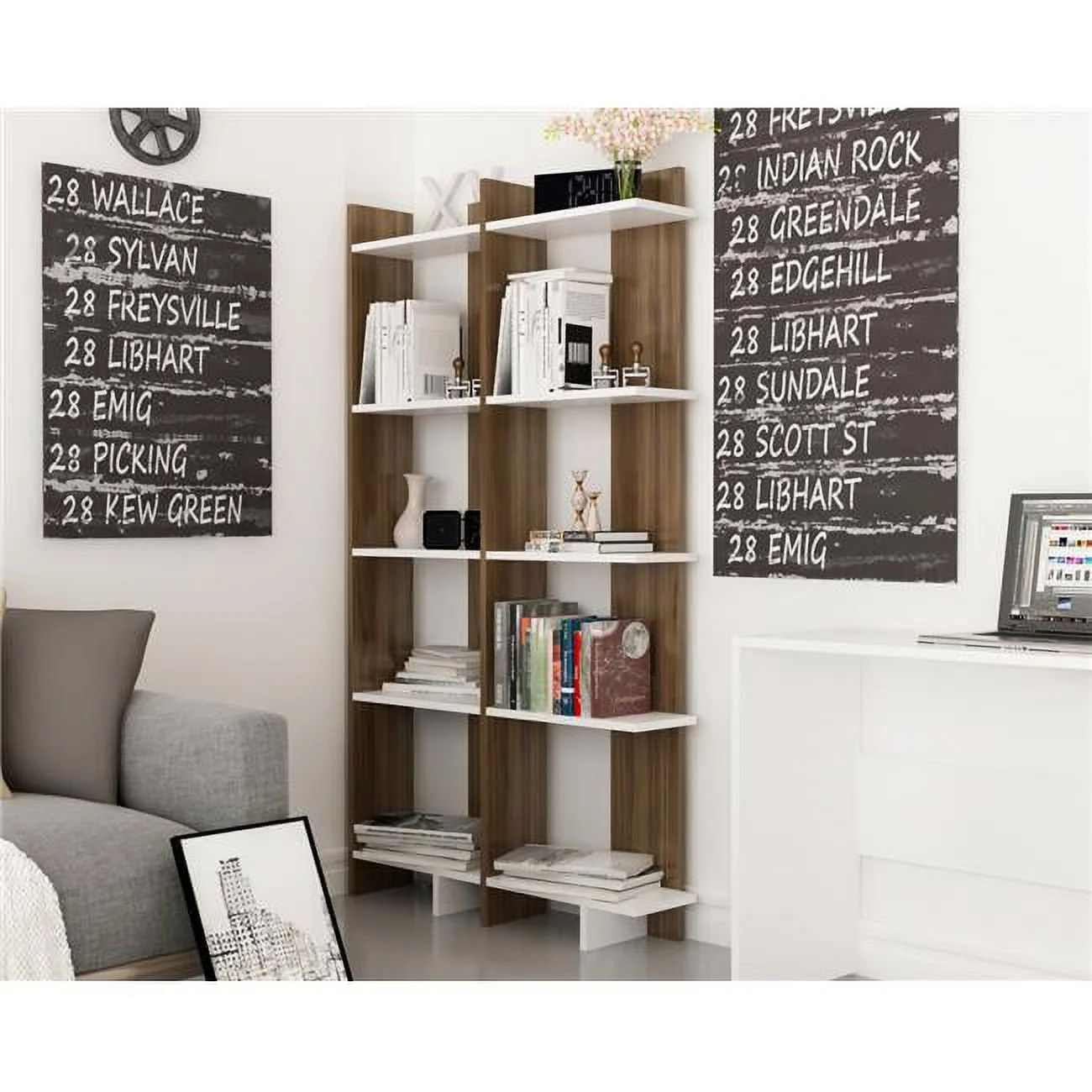 Decorotika  67 x 18 x 9 in. Alice Accent Corner Unit Bookcase - Walnut