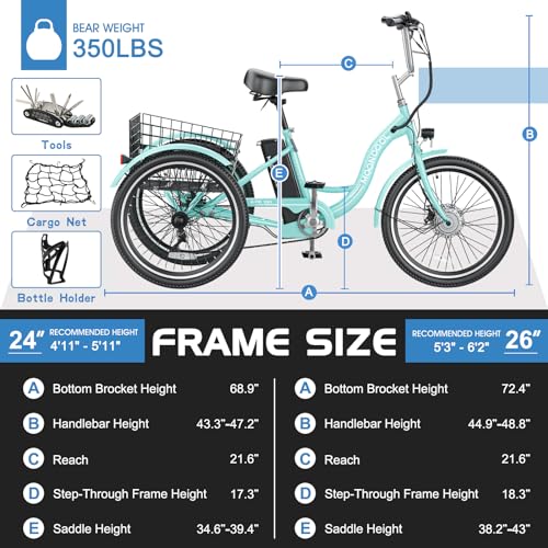 MOONCOOL Electric Tricycle Trike for Adults 350W 36V Removable Battery 24/26 Inches 7 Speeds 3 Wheels Electric Bikes Bicycle for Adults, Three Wheel Electric Cruiser Tricycle