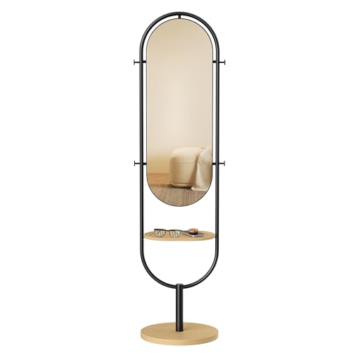 SONGMICS Full-Length Floor Mirror, 3-in-1, Modern Standing Full Body Mirror, Inspired by Original Award-Winning Design, 16.5 x 18.9 x 68.9 Inches, Living Room, Bedroom, Oak Beige and Ink Black