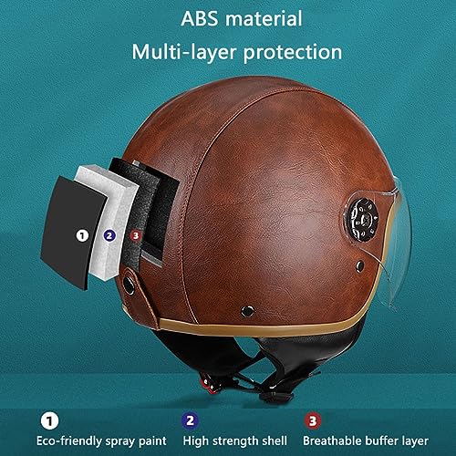 Built-in Bluetooth Motorcycle 3/4 Helmet, Leather Vintage Motorbike Open Face Half Helmet, DOT Approved Scooter Cruiser Jet Moped Electric Half Face Helmet Men Women Vespa Retro Helmet