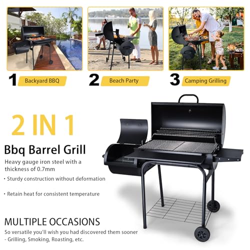 Charcoal Grill Offset Smoker（Grill + BBQ Tools）, Joyfair Large Barrel Grill with 770Sq.In. Cooking Space for 8-10 People Cooking, Heavy Gauge Steel & & Basic Accessories, Adjustable charcoal tray