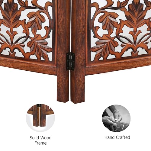 Room Divider Wood Screen - Ghanti Bells Antique Brown - 4 Panel Folding 72 x 80 - Assembled Hand Carved Decorative Functional Versatile Portable Partition Reversible Privacy Boho - COTTON CRAFT