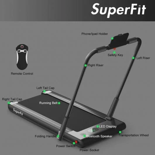 2-in-1 Folding Treadmill with RC Bluetooth Speaker LED Display-Black - Color: Black