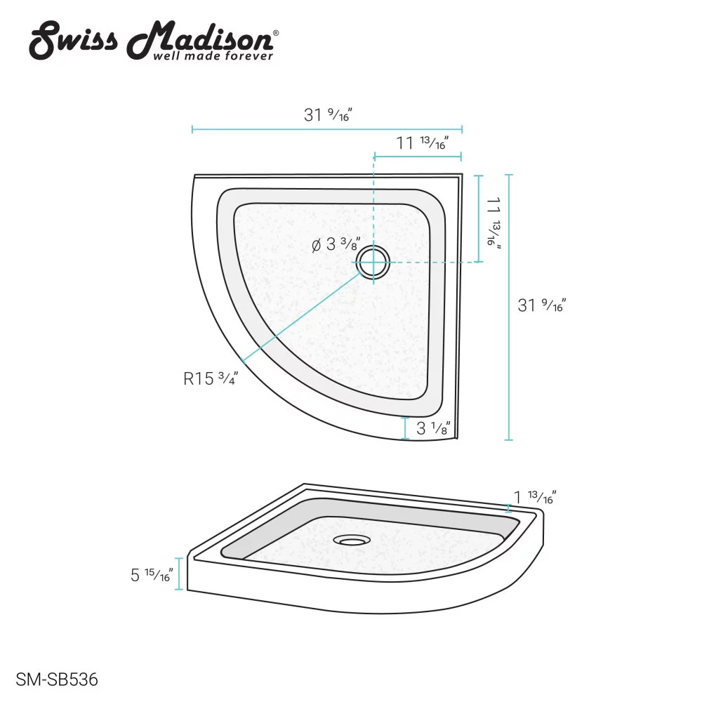 Swiss Madison Voltaire 32 x 32 Acrylic White, Single-Threshold, Center Drain, Neo-angle Shower Base