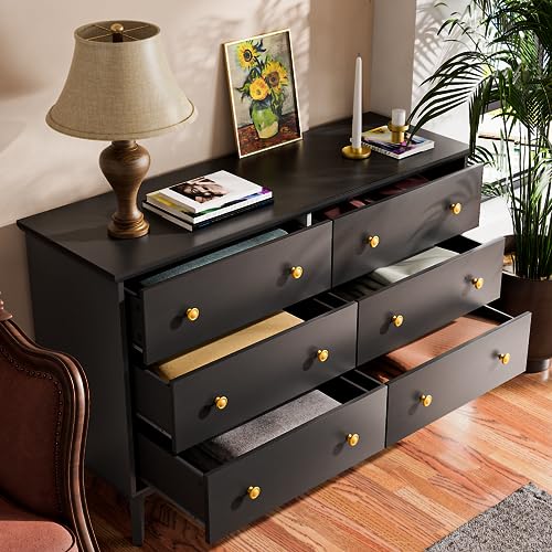 LYNSOM White Dresser for Bedroom, Modern 6 Drawer Double Dresser with Deep Drawers and Gold Knobs, Wood Storage Chest of Drawers for Living Room, Office