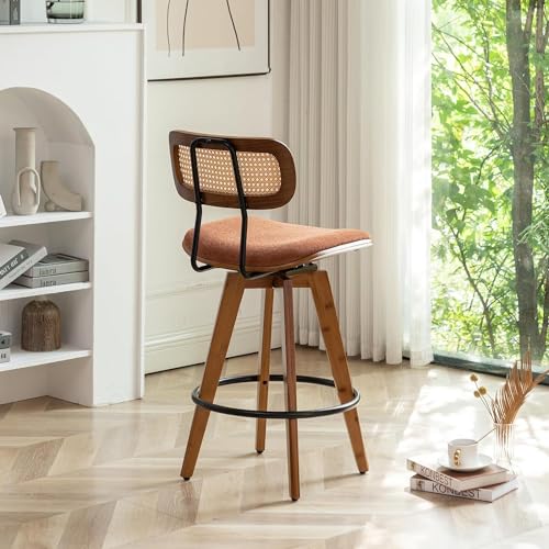 26" Rattan Bar Stools Set of 2, Linen Fabric Counter Height Swivel Barstools with Rattan Backrest and Wooden Legs,Armless Mid Century Modern Bar Chairs for Kitchen/Dining Room,Cafe Brown