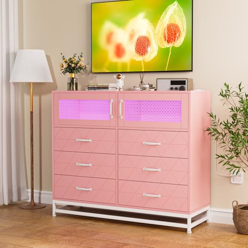 6 Drawer Dresser for Bedroom with LED Lights and Charging Station, Wooden Double Dresser with 2 Shelves & Mental Grid Handle, Modern Chest of Drawers for Bedroom, Entryway, Hallway, Pink