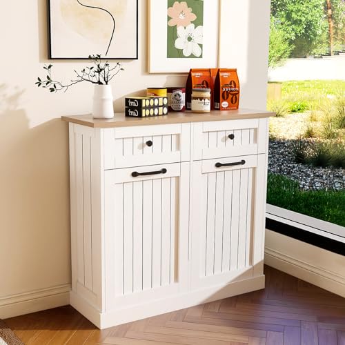 HTK Double Tilt Out Trash Cabinet – Farmhouse Hidden Trash Can Kitchen Cabinet, Space-Saving Design, Additional Storage, Fits 2x10 Gallon Bins, with Pull-Out Drawers (White)