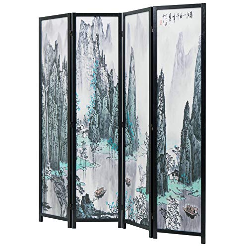 MyGift 4-Panel Folding Bamboo Room Divider Asian-Inspired Cherry Blossom Scene, 6 FT Freestanding Floral Artwork Room Partitioner with Beige Wood Frame