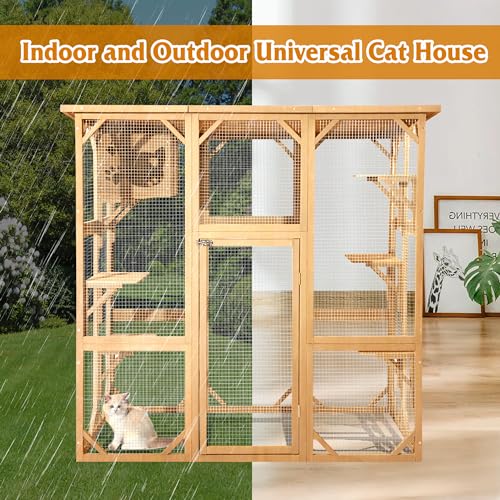 Grepatio Cat Enclosure Large Outdoor Catio Wooden Cat House with Weatherproof, Cat Cage Condo Indoor Playpen with Platform and Small House(Grey)