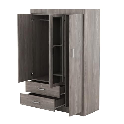 3 Doors Wardrobe Armoire with Mirror, Modern Wood Armoire Wardrobe Cabinet with Shelves & Hanging Rod, Bedroom Armoire Clothes Organizer (Gray-3G)