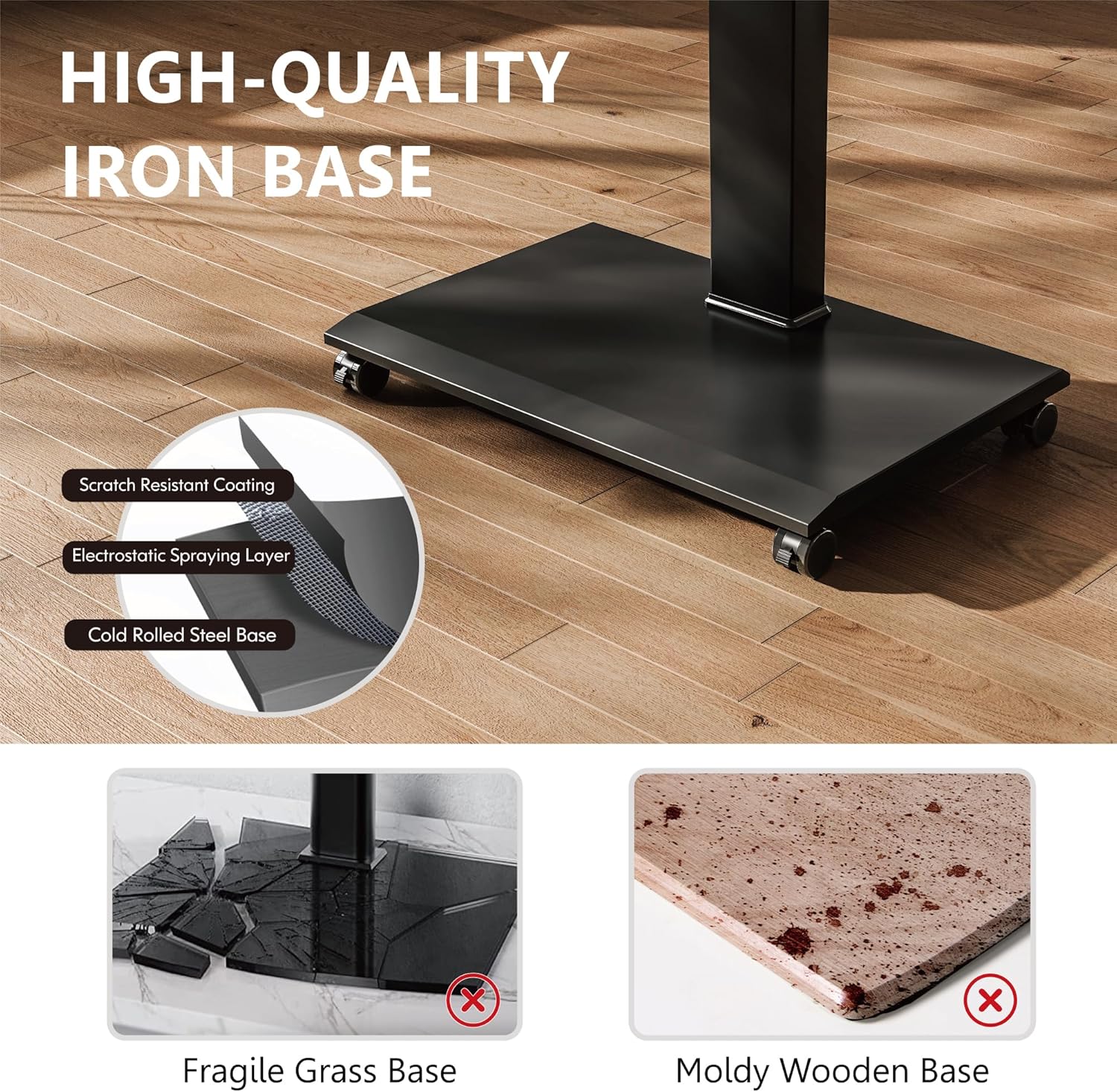 FITUEYES Mobile Stand for 40-85 Inch LCD/LED Flat Curved Screens with Wooden Large Storage and Black Height Adjustable Rolling TV Stand Hold Up to 88 Lbs，Landscape to Portrait Rotating and 40°Swivel