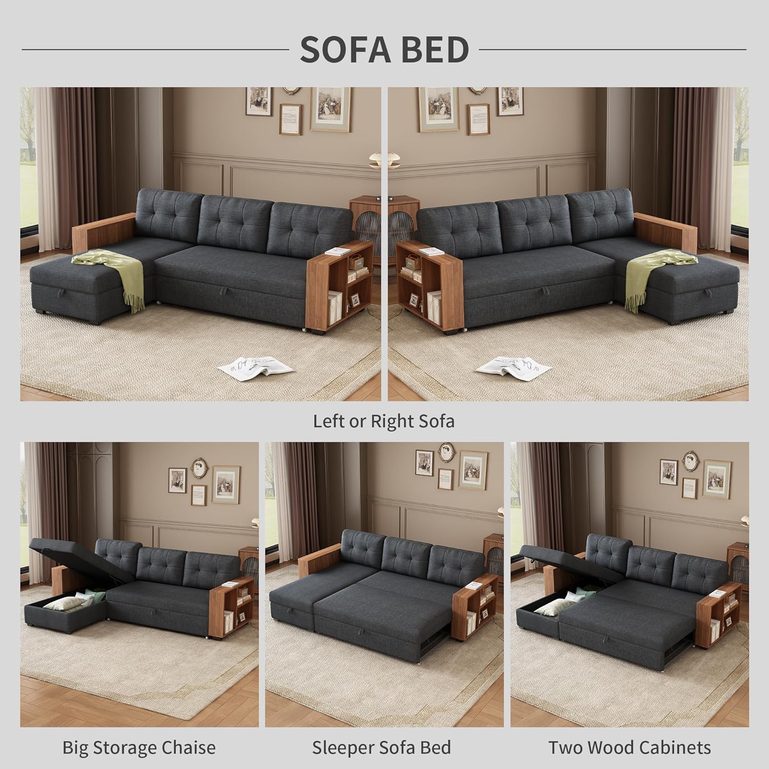 84" Pull Out Sectional Couch with Storage Chaise,L-Shape Upholstered Reversible Sofa Bed W/Hidden Wood Shelf Armrests,Linen Corner Sleeper for LivingRoom Office Apartment,Dark Grey