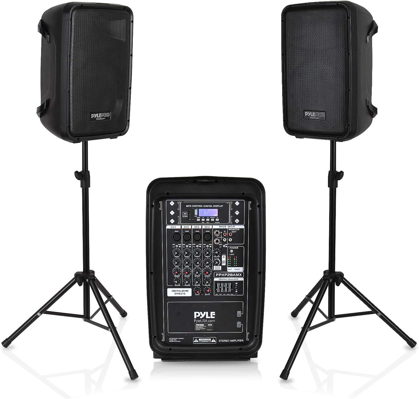PA Speaker DJ Mixer Bundle - 300 W Portable Wireless Bluetooth Sound System w/ USB SD XLR 1/4 RCA Inputs - Dual Speaker, Mixer, Microphone, Stand, Cable - Home/Outdoor Party - Pyle PPHP28AMX,Black